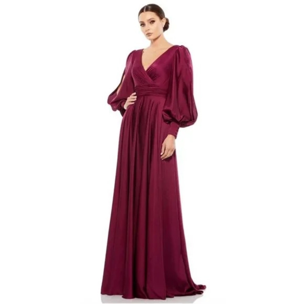 $485 NWT Mac Duggal FLOWY SPLIT BISHOP SLEEVE FAUX WRAP GOWN 67847 WINE‎ sz 8 - Picture 3 of 5
